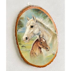 Vintage Wood Slice Souvenir Plaque Wall Hanging With Horses Mare & Foal